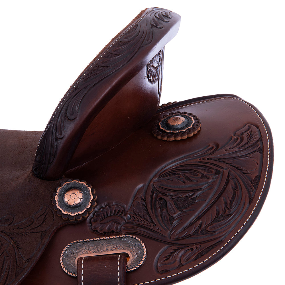 Barrel Saddle – Chocolate Leather, Smooth/Roughout, Round Skirt, Feather & Floral Corner Tooling