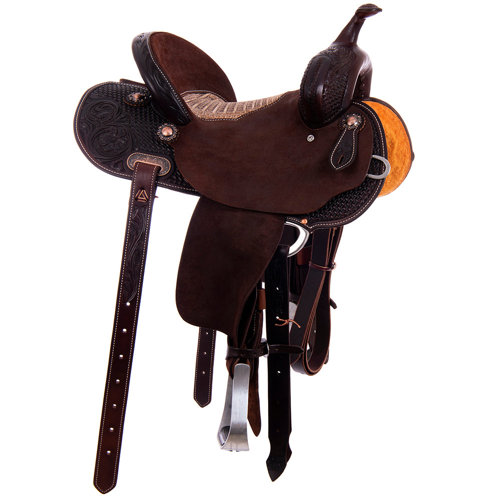 Barrel Saddle – Chocolate Leather, Smooth/Roughout, Round Skirt, 1/2 Basket Tooling, MW FC Sundance Caiman Crocodile Inlay