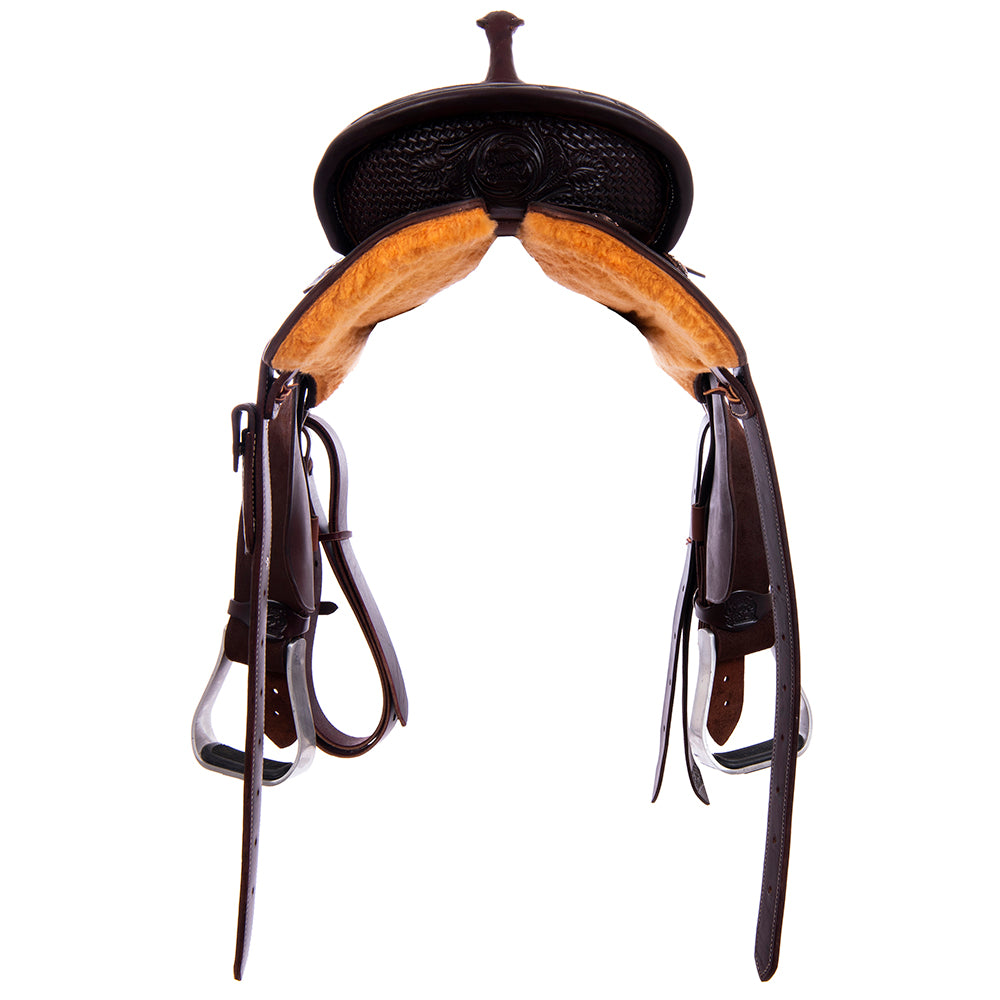 Barrel Saddle – Chocolate Leather, Smooth/Roughout, Round Skirt, 1/2 Basket Tooling, MW FC Sundance Caiman Crocodile Inlay