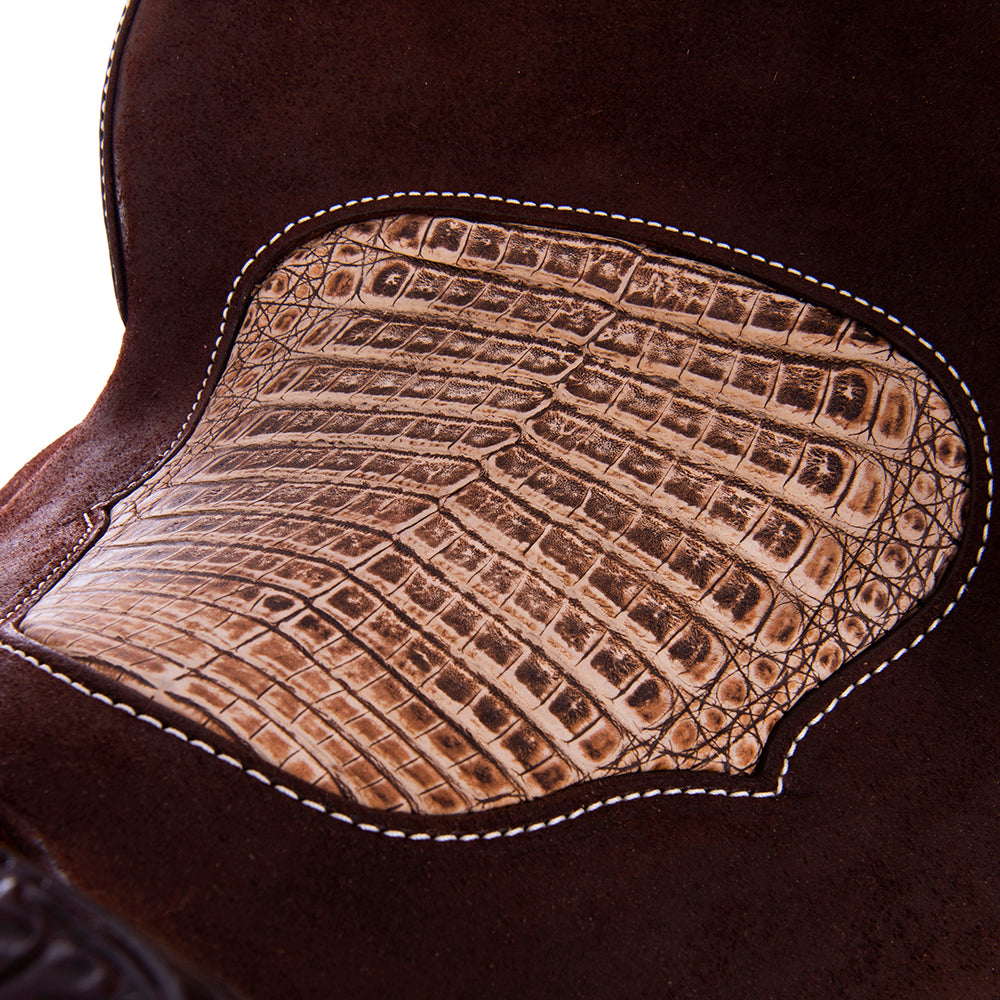 Barrel Saddle – Chocolate Leather, Smooth/Roughout, Round Skirt, 1/2 Basket Tooling, MW FC Sundance Caiman Crocodile Inlay