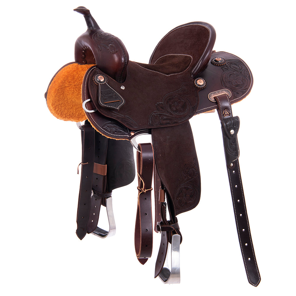1/2 Roughout 1/2 Smooth Chocolate Barrel Saddle- Round Skirts, D Daisy, Pencil Roll, Chocolate Inlay