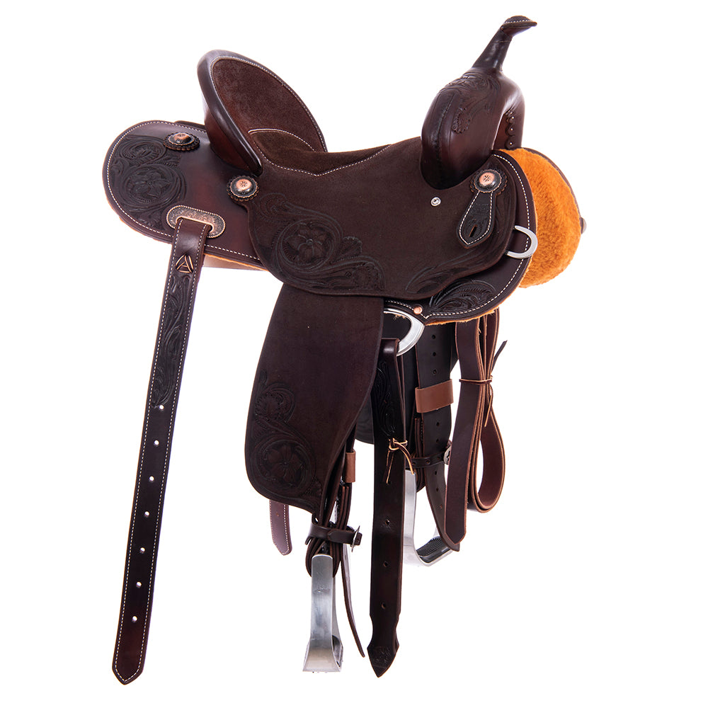 1/2 Roughout 1/2 Smooth Chocolate Barrel Saddle- Round Skirts, D Daisy, Pencil Roll, Chocolate Inlay