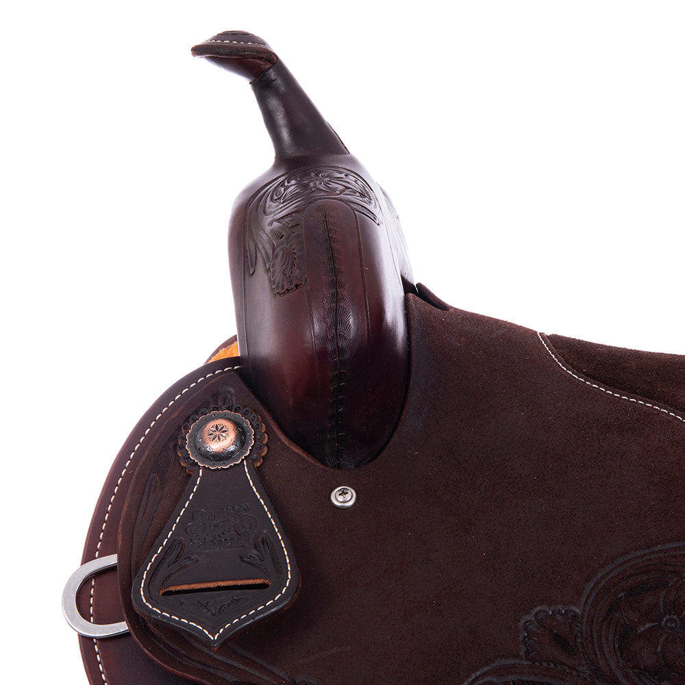 1/2 Roughout 1/2 Smooth Chocolate Barrel Saddle- Round Skirts, D Daisy, Pencil Roll, Chocolate Inlay