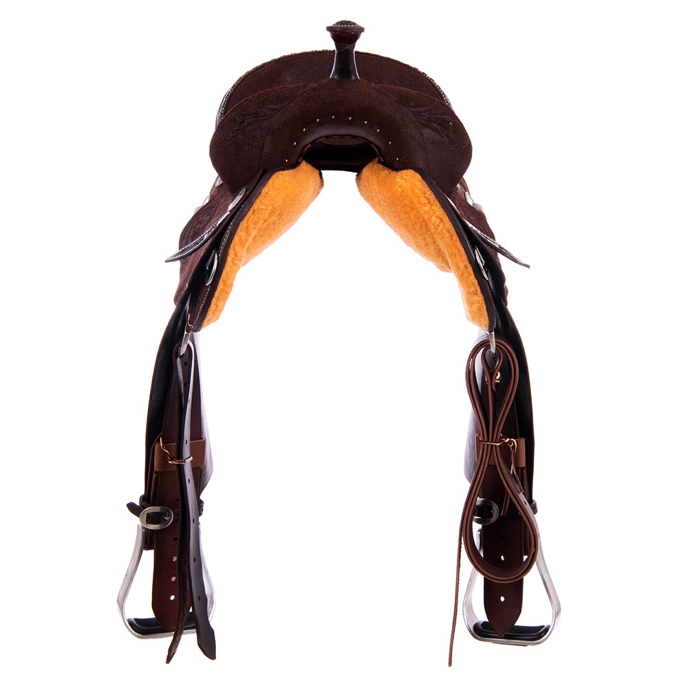 Chocolate Roughout Barrel Saddle- Notched Skirts, Feather Floral Corner, TQ Bucksitch Binding