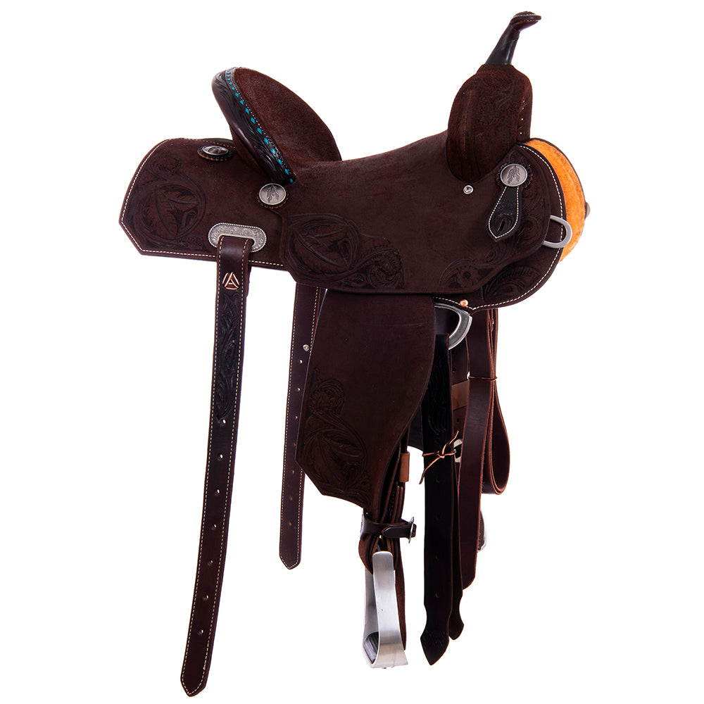 Chocolate Roughout Barrel Saddle- Notched Skirts, Feather Floral Corner, TQ Bucksitch Binding