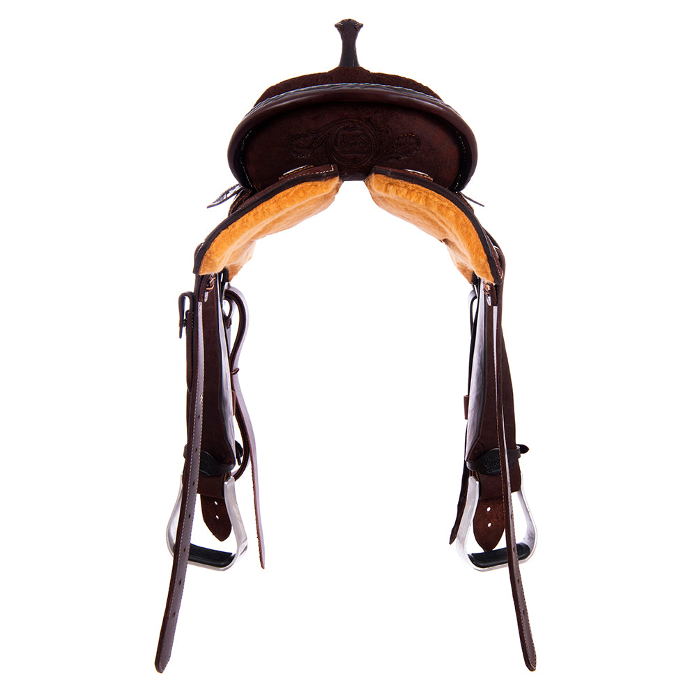 Chocolate Roughout Barrel Saddle- Notched Skirts, Feather Floral Corner, TQ Bucksitch Binding