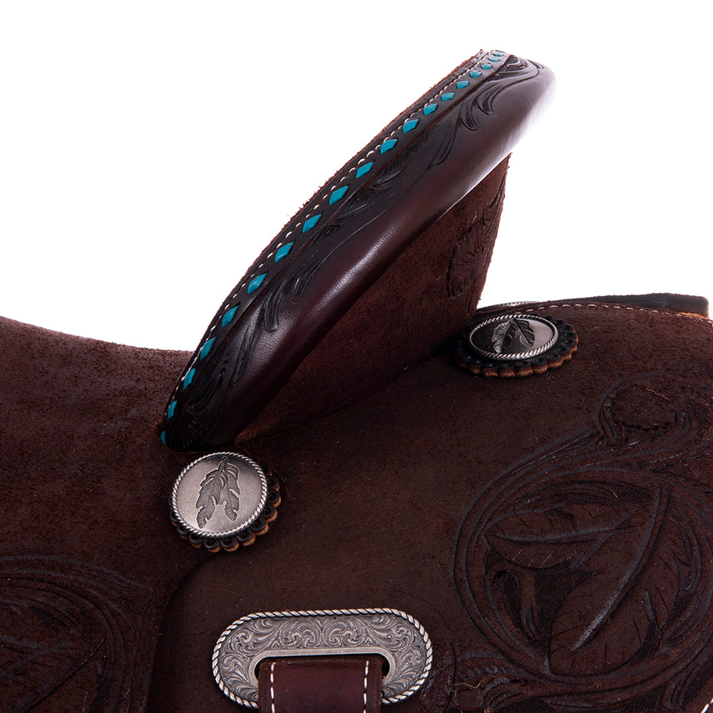 Chocolate Roughout Barrel Saddle- Notched Skirts, Feather Floral Corner, TQ Bucksitch Binding