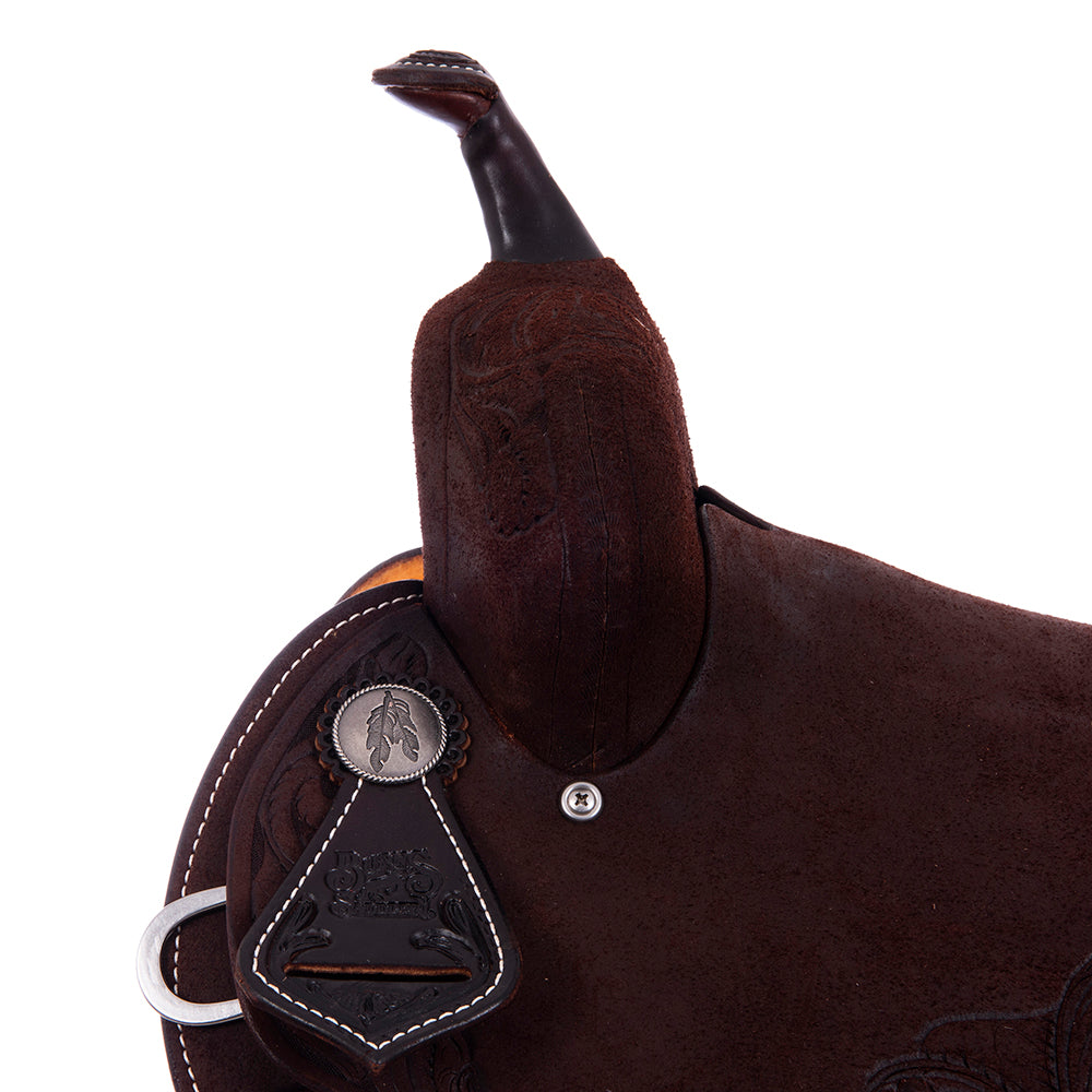 Burns Chocolate RO Barrel Saddle- Notched- Feather Floral Corner- TQ Bucksitch Binding