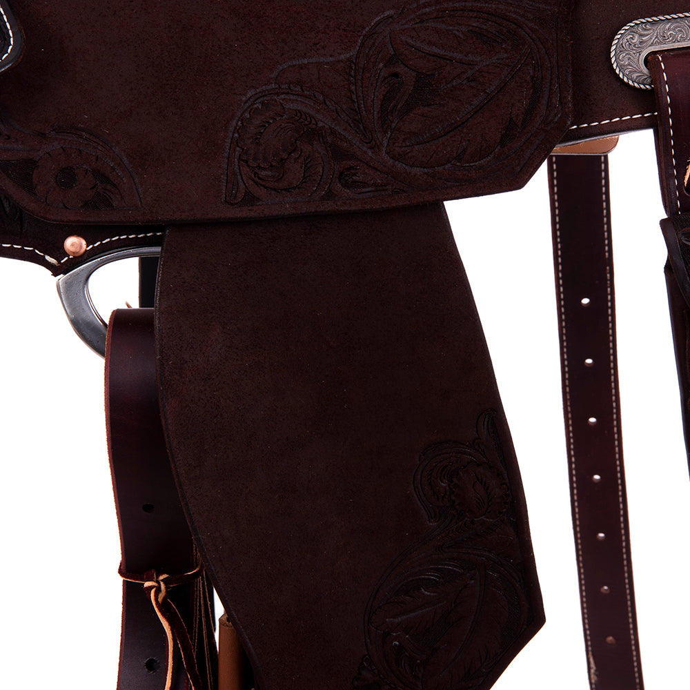 Chocolate Roughout Barrel Saddle- Notched Skirts, Feather Floral Corner, TQ Bucksitch Binding