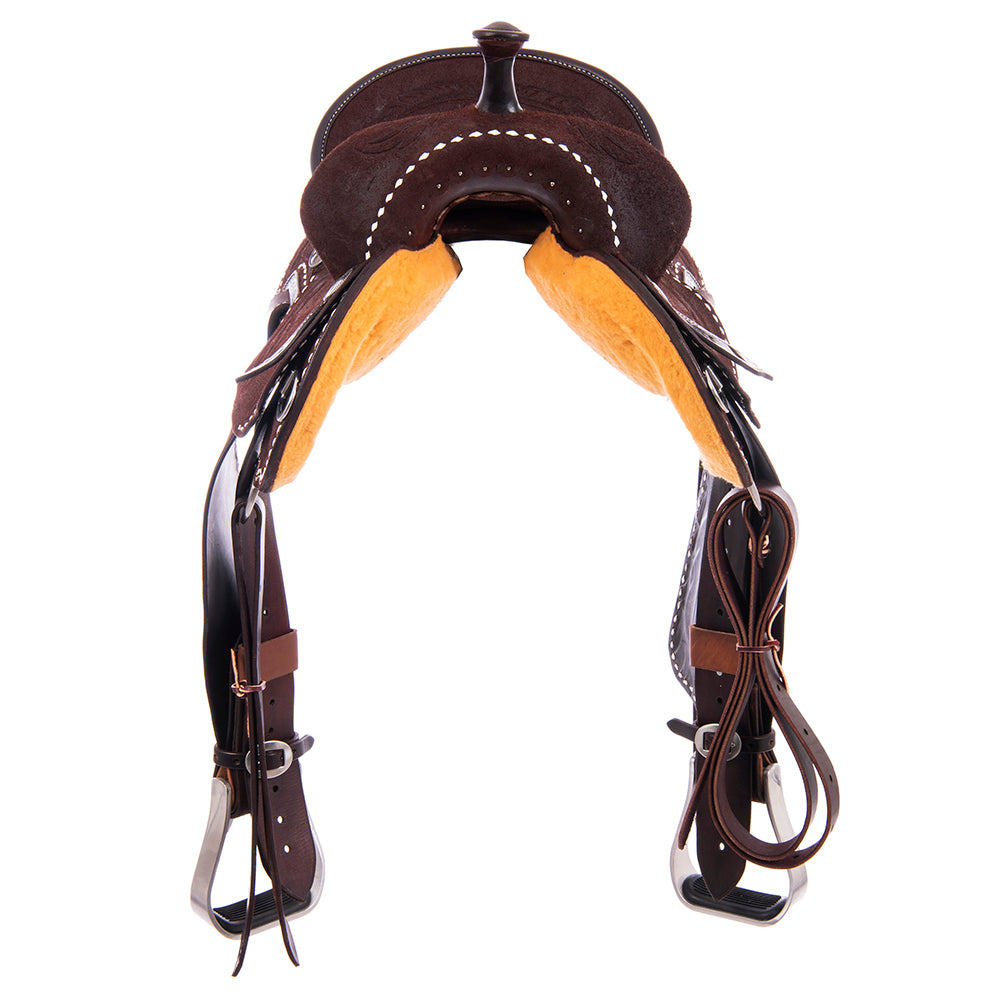 Burns Chocolate RO Barrel Saddle- Round- Feather Corner Skirt Only- White BS