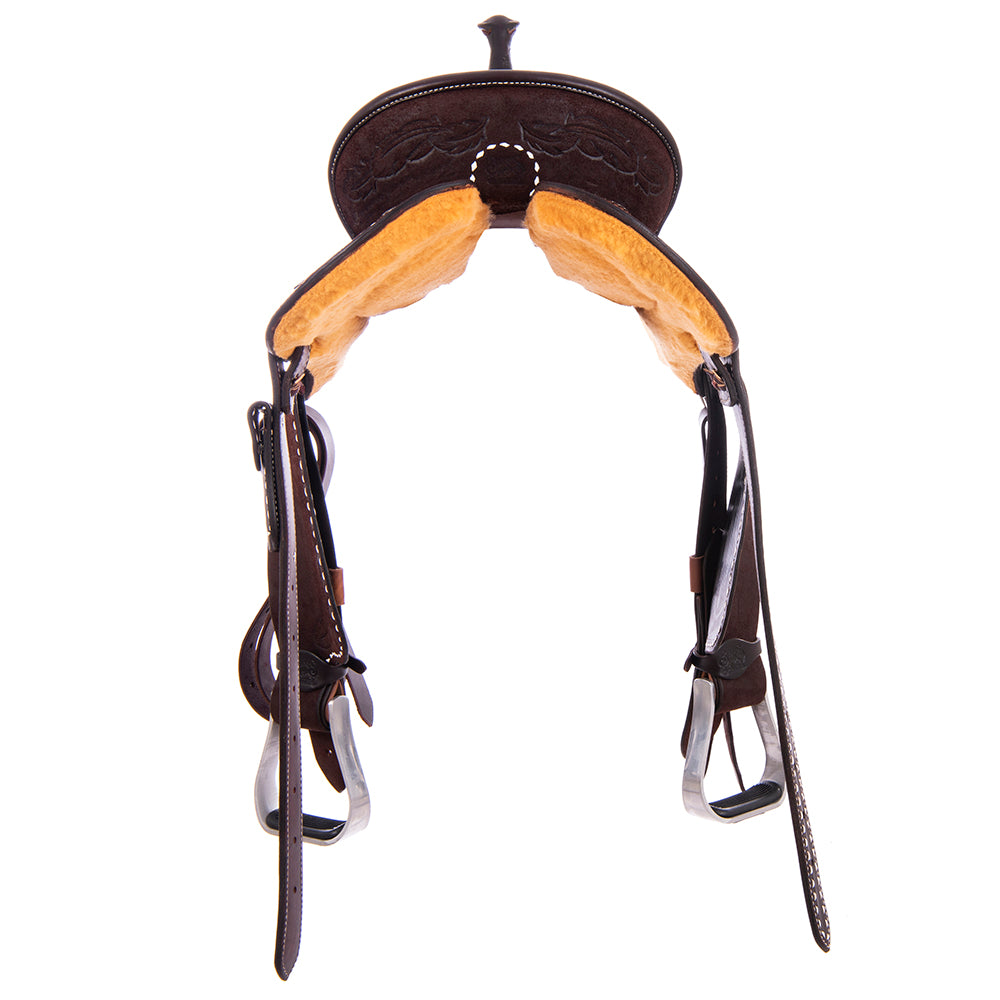 Chocolate Roughout Barrel Saddle- Round Skirts, Feather Corner; Full White Buckstitch, Standard