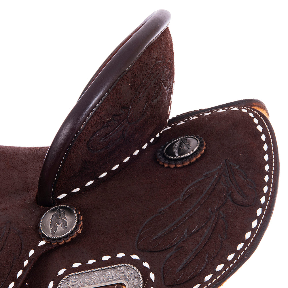 Chocolate Roughout Barrel Saddle- Round Skirts, Feather Corner; Full White Buckstitch, Standard