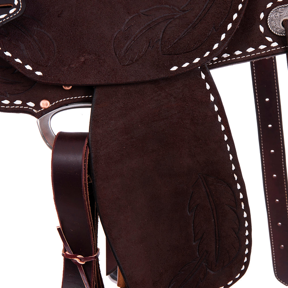 Chocolate Roughout Barrel Saddle- Round Skirts, Feather Corner; Full White Buckstitch, Standard