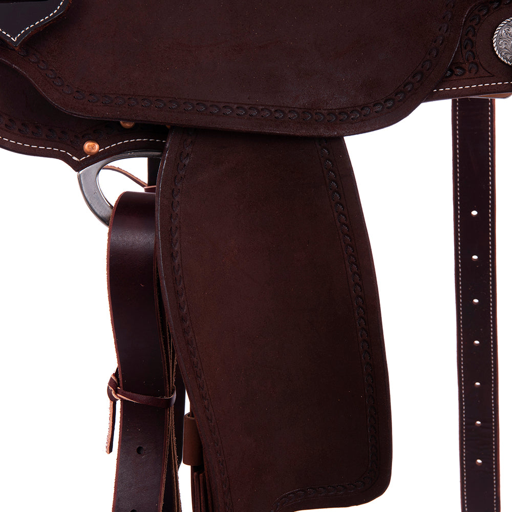 Burns Chocolate RO Barrel Saddle- Round- Wishbone Border-Black Roughout Inlay