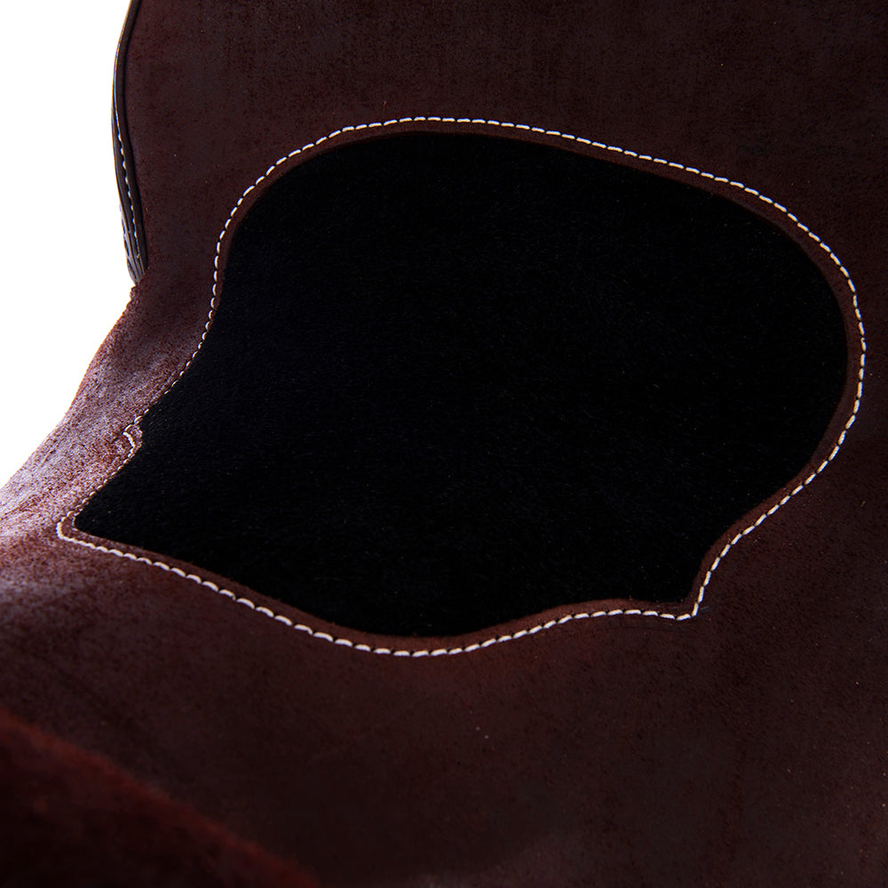 Burns Chocolate RO Barrel Saddle- Round- Wishbone Border-Black Roughout Inlay