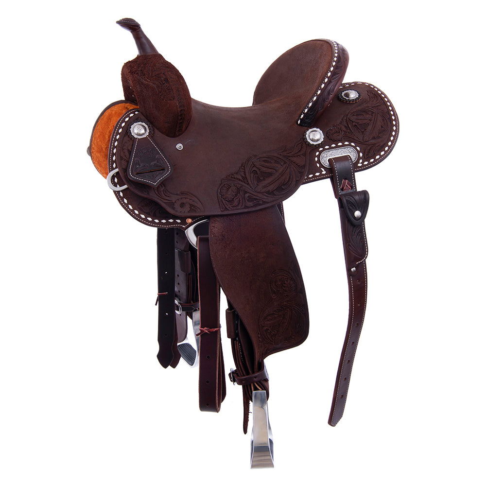 Barrel Saddle – Chocolate Roughout, Round Skirt, White Buckstitch, Feather & Floral Tooling