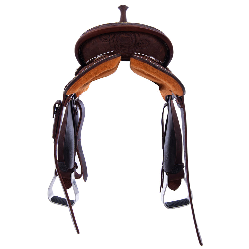 Barrel Saddle – Chocolate Roughout, Round Skirt, White Buckstitch, Feather & Floral Tooling