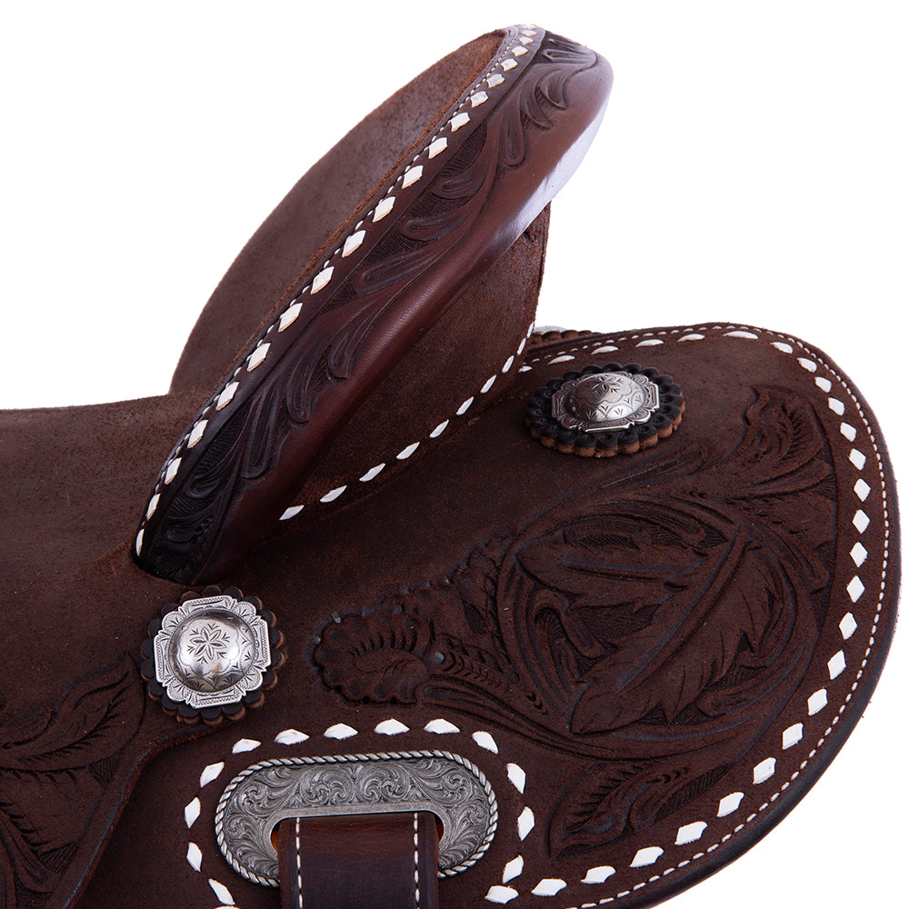 Barrel Saddle – Chocolate Roughout, Round Skirt, White Buckstitch, Feather & Floral Tooling