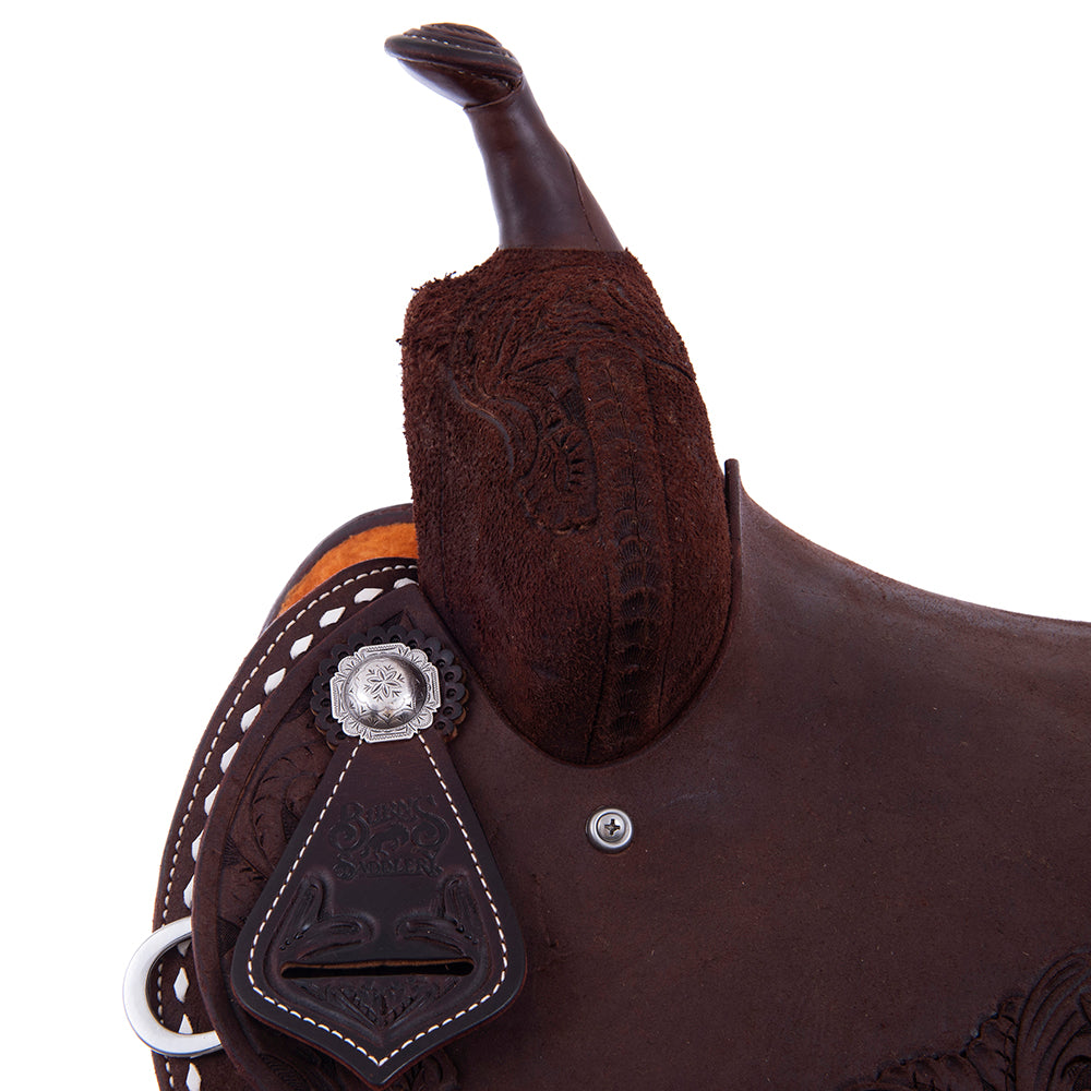 Barrel Saddle – Chocolate Roughout, Round Skirt, White Buckstitch, Feather & Floral Tooling