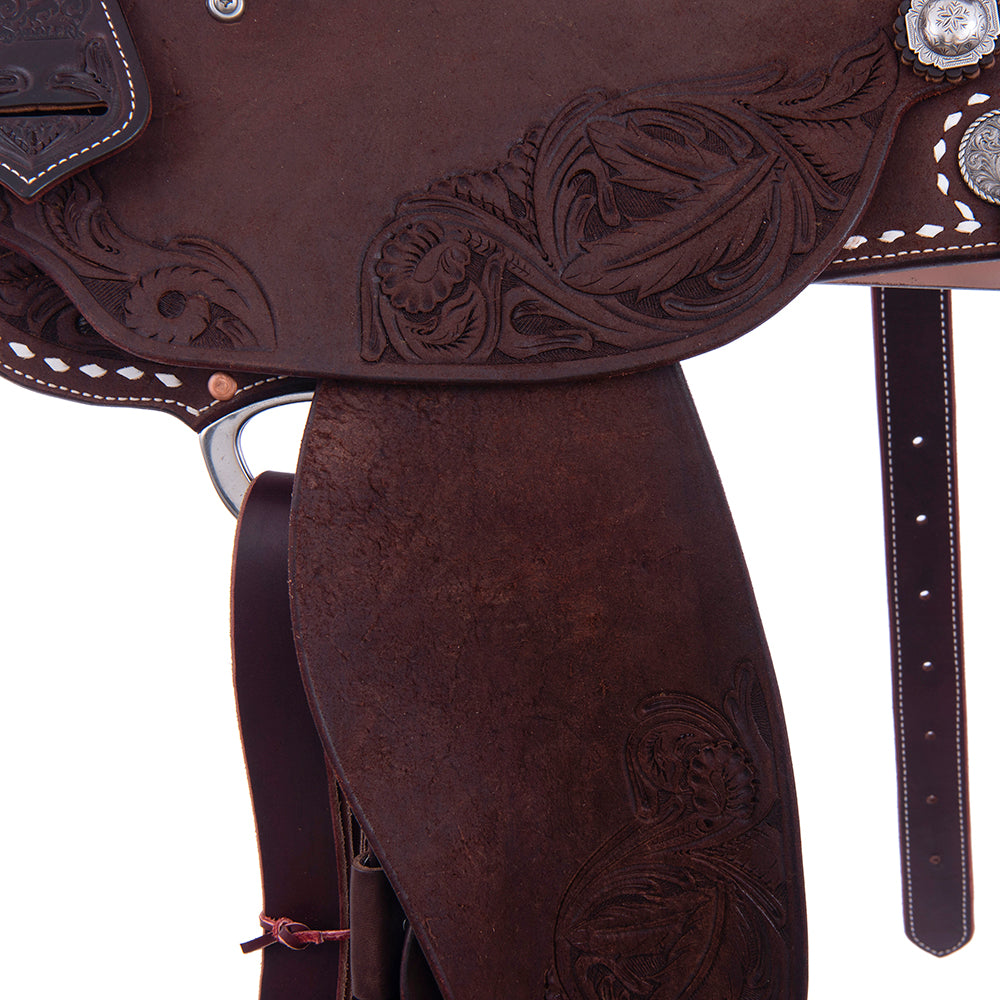 Barrel Saddle – Chocolate Roughout, Round Skirt, White Buckstitch, Feather & Floral Tooling