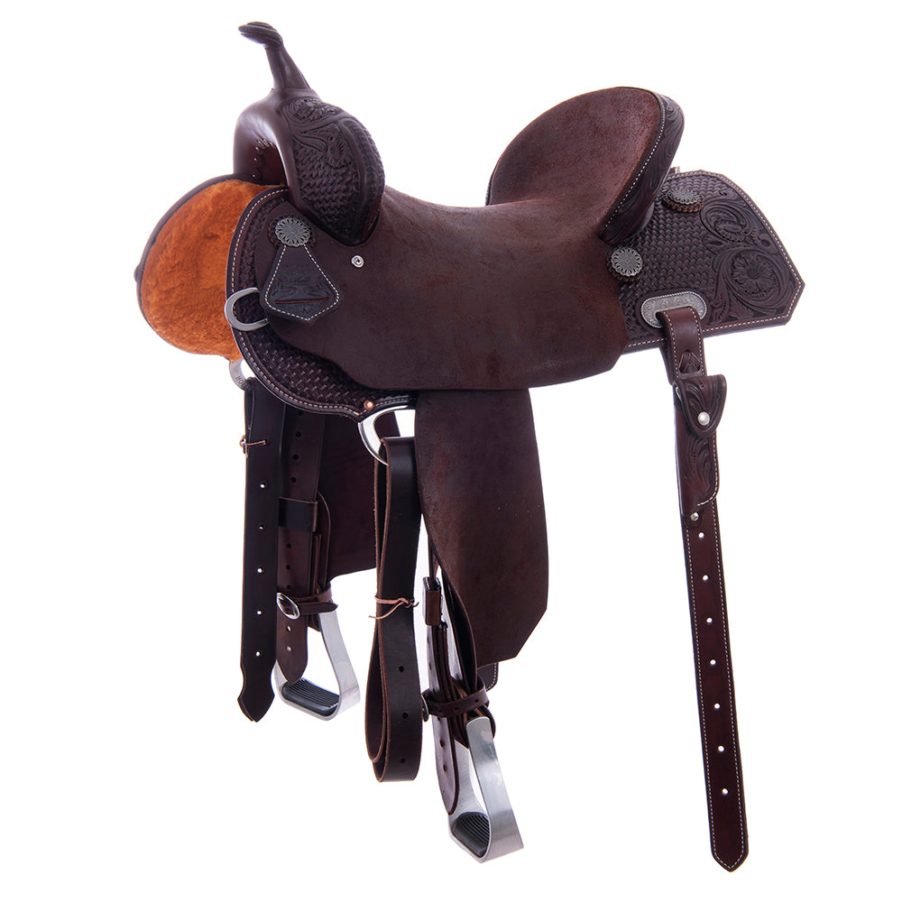 Barrel Saddle – Chocolate Smoothout/Roughout, Notched Skirt, 1/2 Basket Tooling with MW Floral Accents