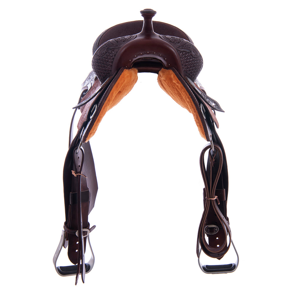 Barrel Saddle – Chocolate Smoothout/Roughout, Notched Skirt, 1/2 Basket Tooling with MW Floral Accents