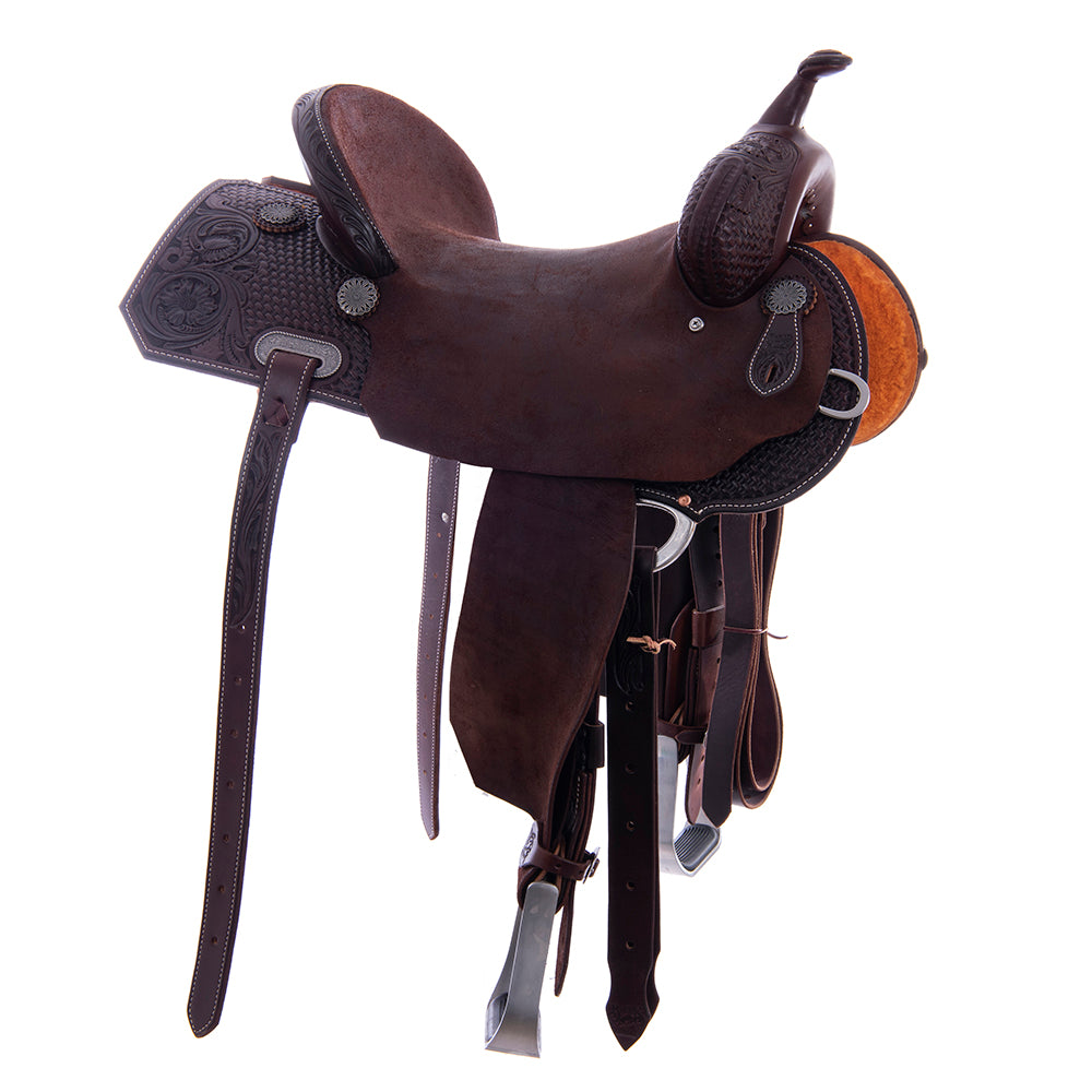 Barrel Saddle – Chocolate Smoothout/Roughout, Notched Skirt, 1/2 Basket Tooling with MW Floral Accents
