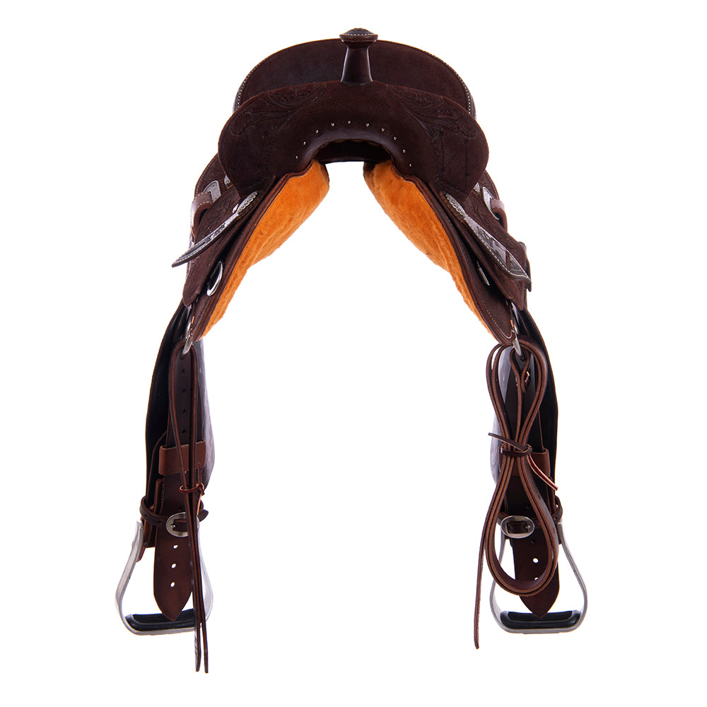 Burns Chocolate RO Barrel Saddle- Round- Full Quilt/MW Flower