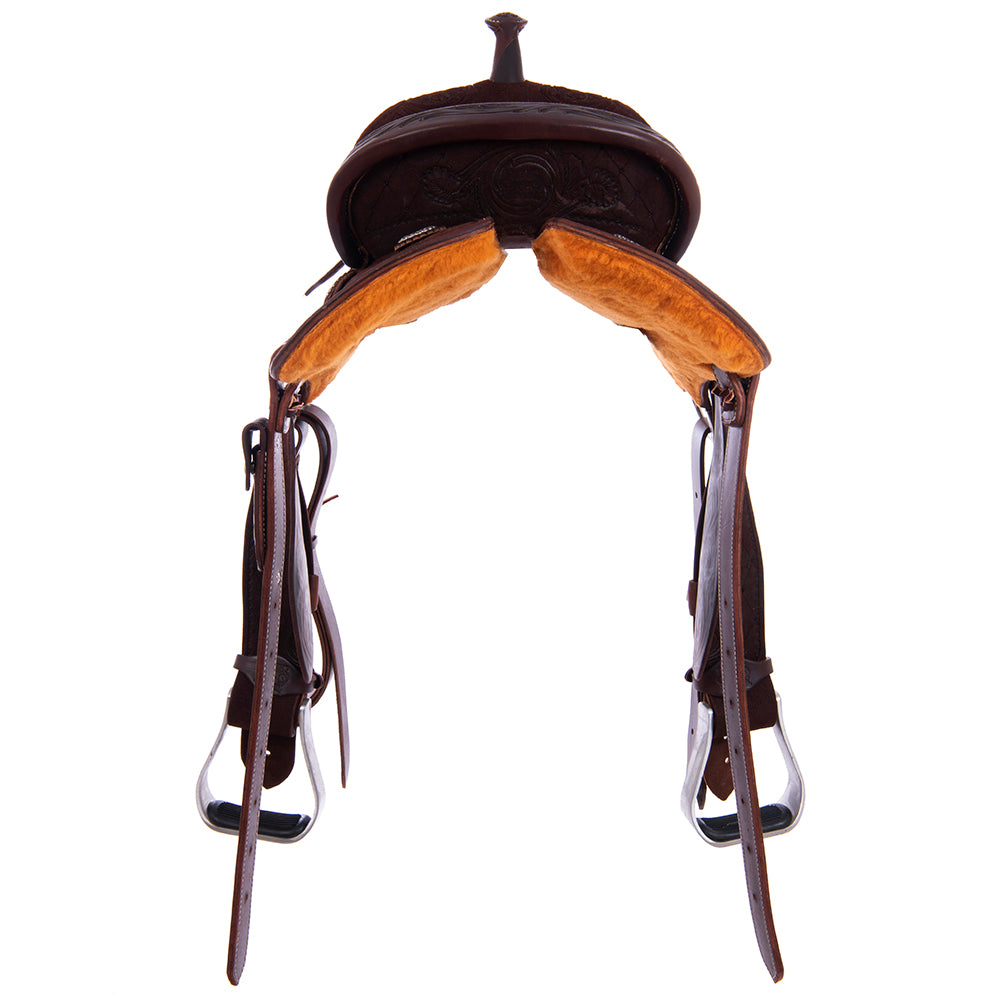 Burns Chocolate RO Barrel Saddle- Round- Full Quilt/MW Flower