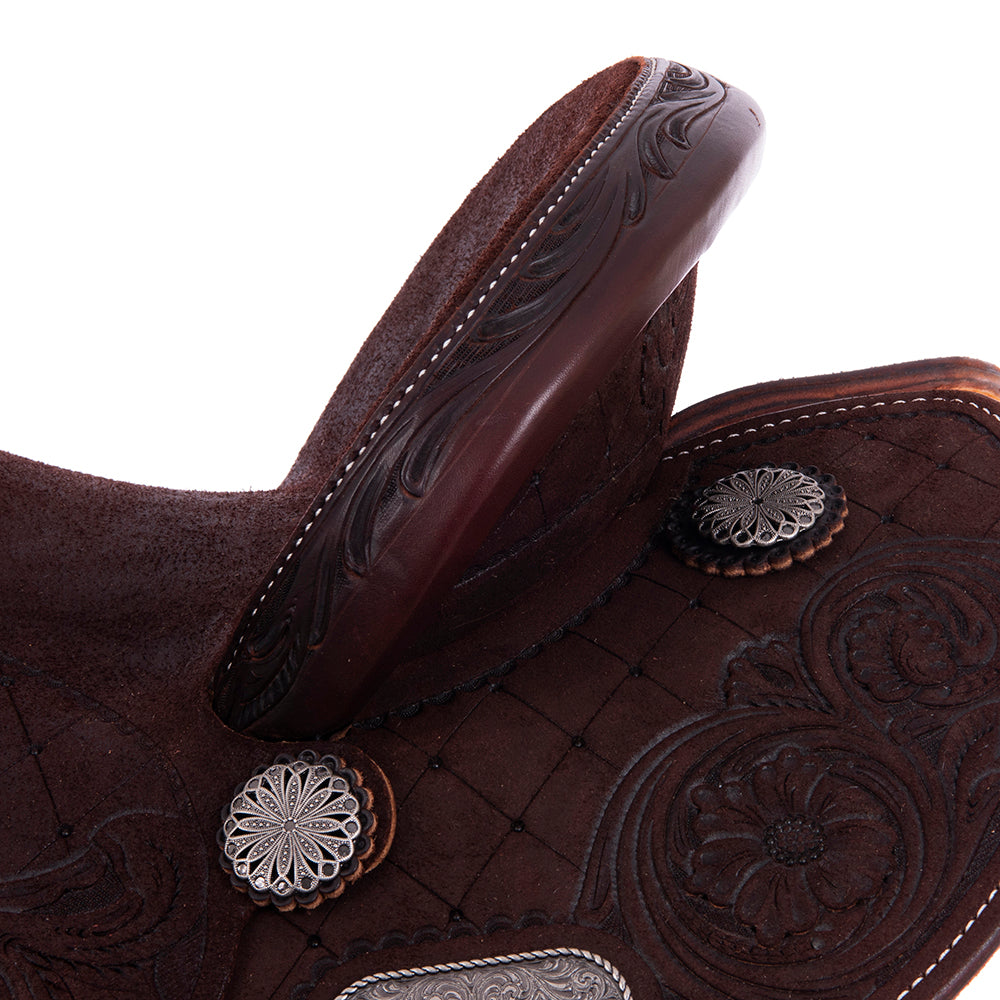 Burns Chocolate RO Barrel Saddle- Round- Full Quilt/MW Flower