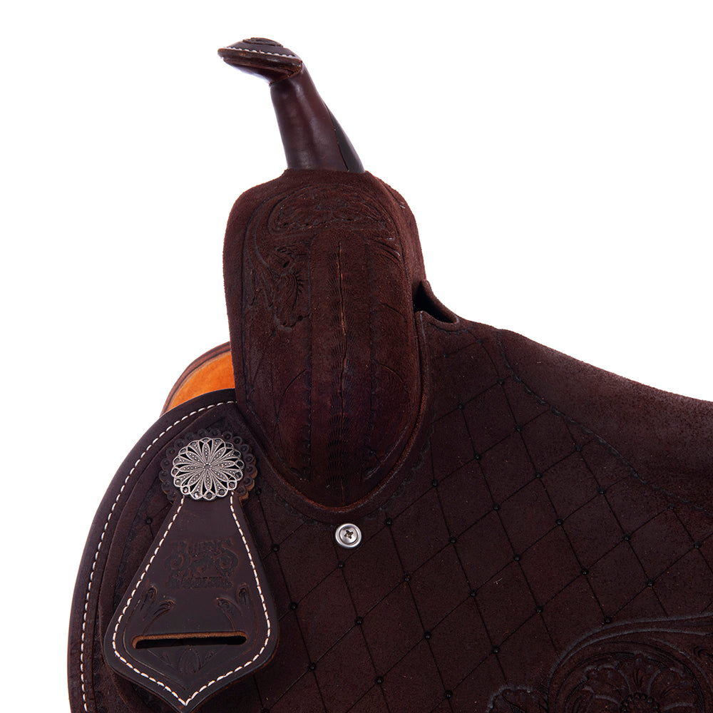 Burns Chocolate RO Barrel Saddle- Round- Full Quilt/MW Flower