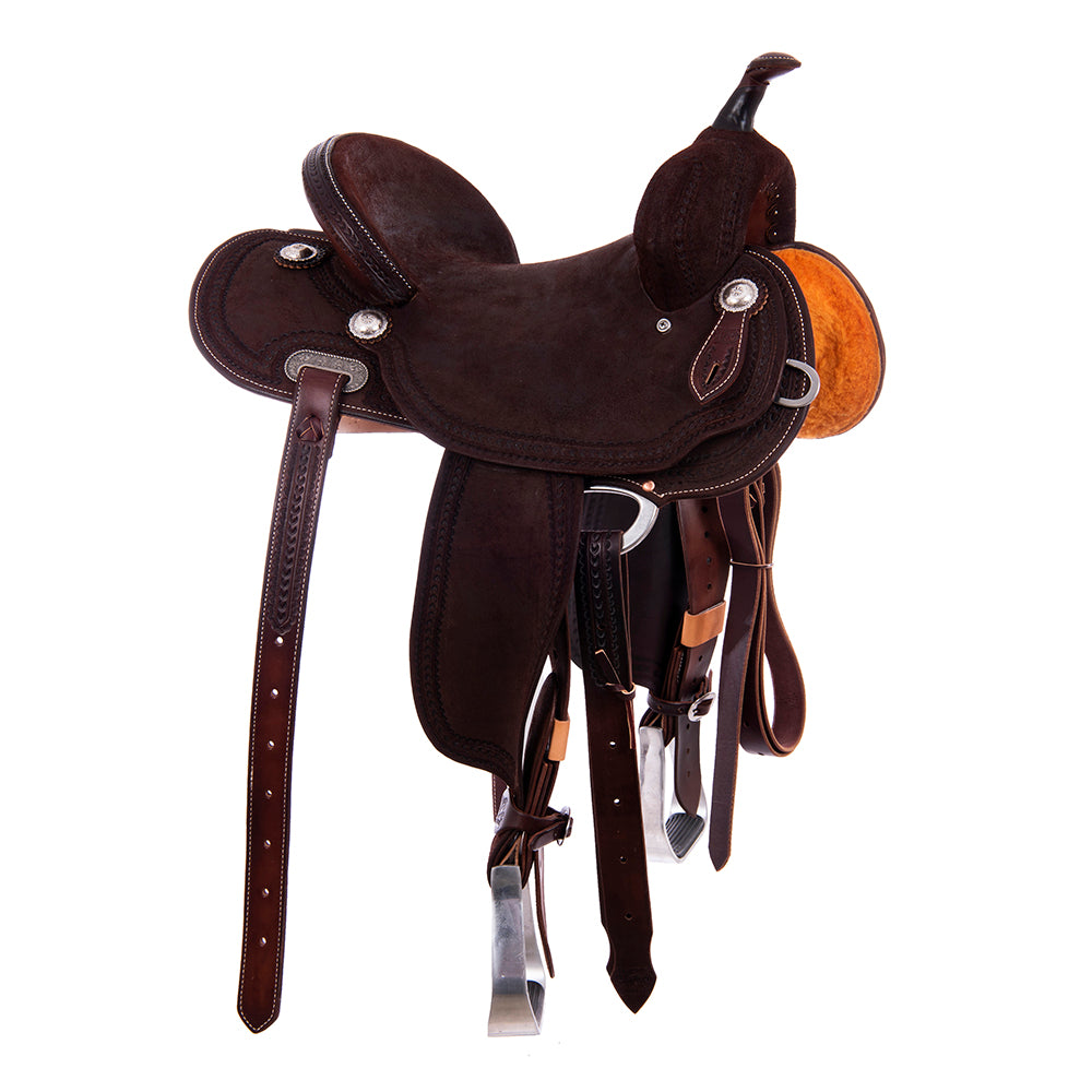 Chocolate Roughout Barrel Saddle - Round Skirts, Fancy Wishbone Border, Cheyenne, Hard Seat