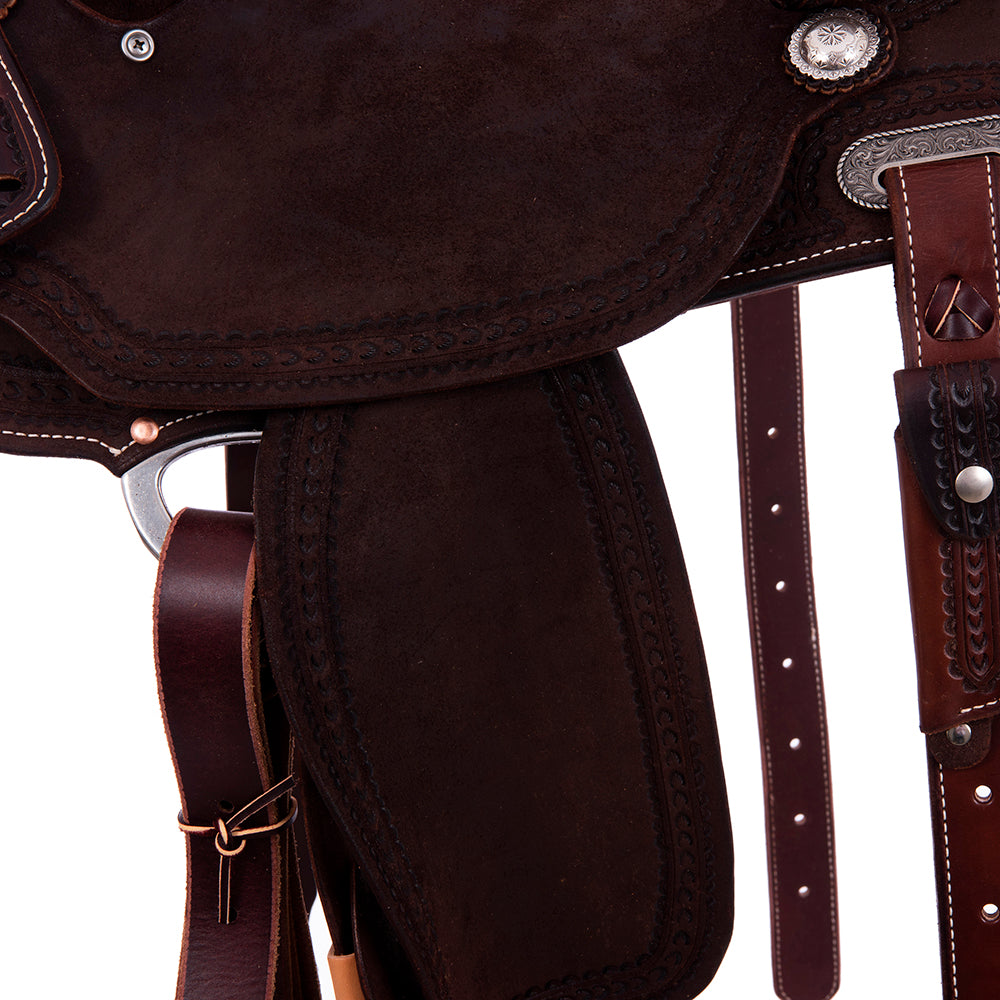 Chocolate Roughout Barrel Saddle - Round Skirts, Fancy Wishbone Border, Cheyenne, Hard Seat