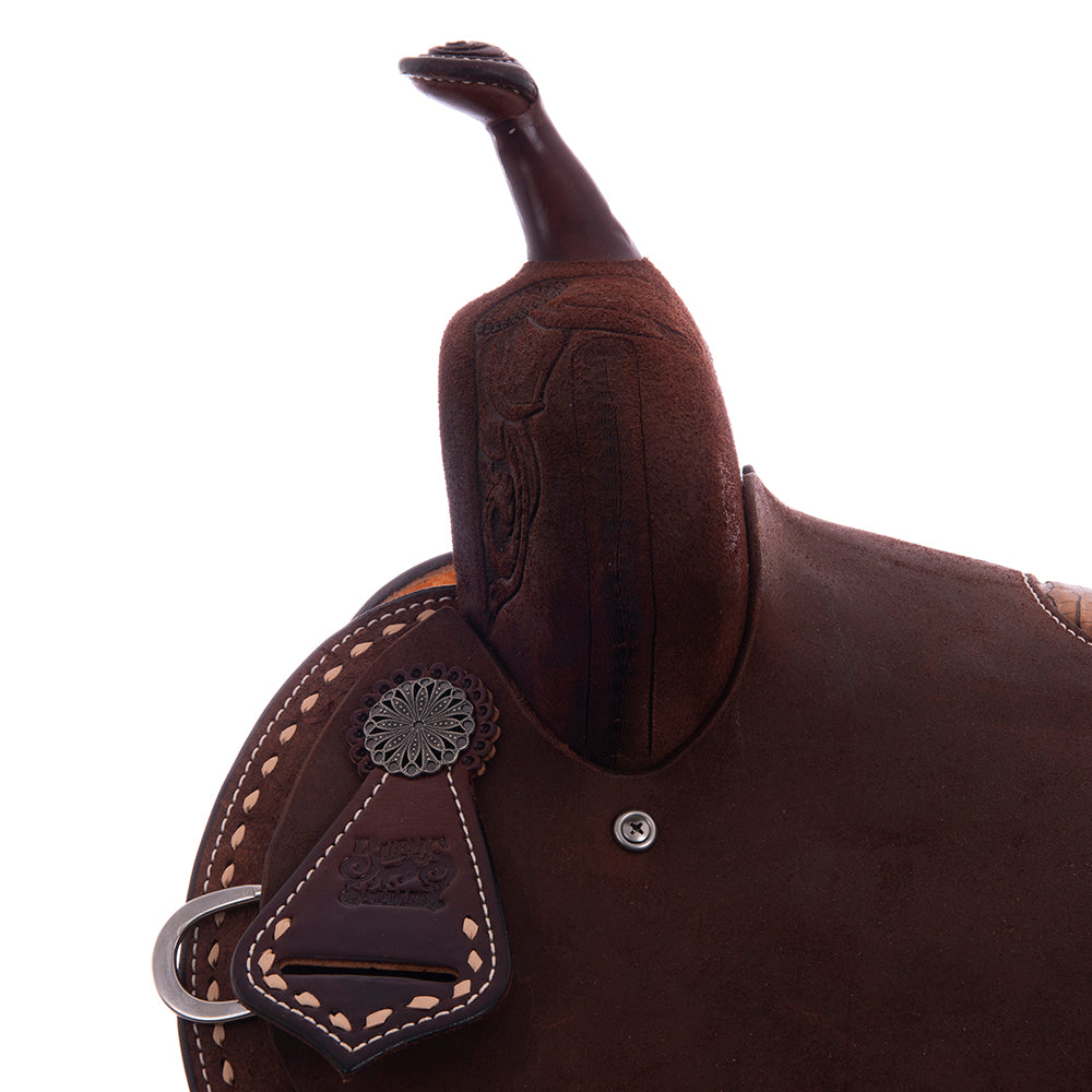 Chocolate Roughout Barrel Saddle - Notched Skirts, Natural Buckstitch, 1/2 Sunny Daze, Caiman Inlay