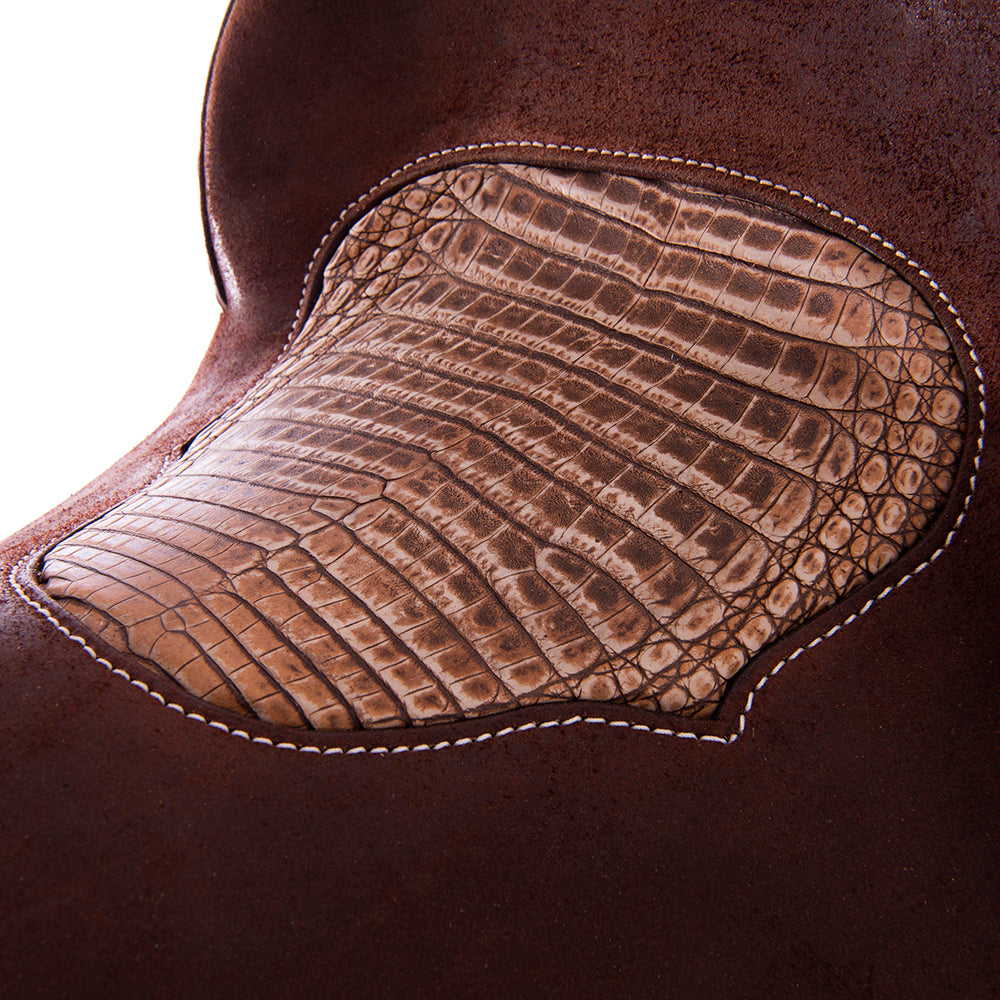 Chocolate Roughout Barrel Saddle - Notched Skirts, Natural Buckstitch, 1/2 Sunny Daze, Caiman Inlay