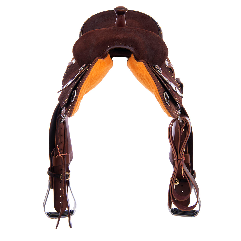 Burns Chocolate RO Barrel Saddle - Round - Full Brass Spot Border