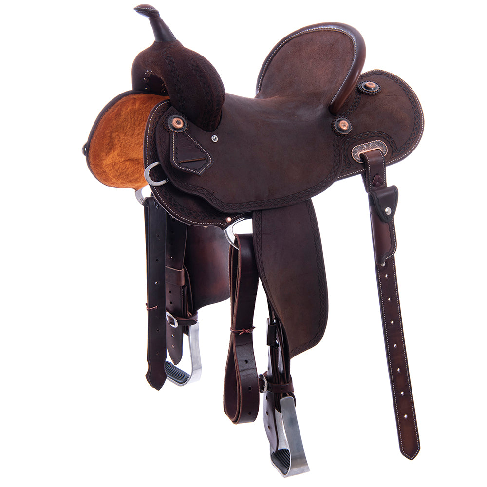 Burns Chocolate RO Barrel Saddle - Round - Diamond Half Diamond Border - Standard Binding