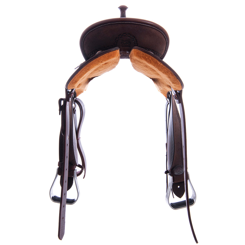 Burns Chocolate RO Barrel Saddle - Round - Diamond Half Diamond Border - Standard Binding