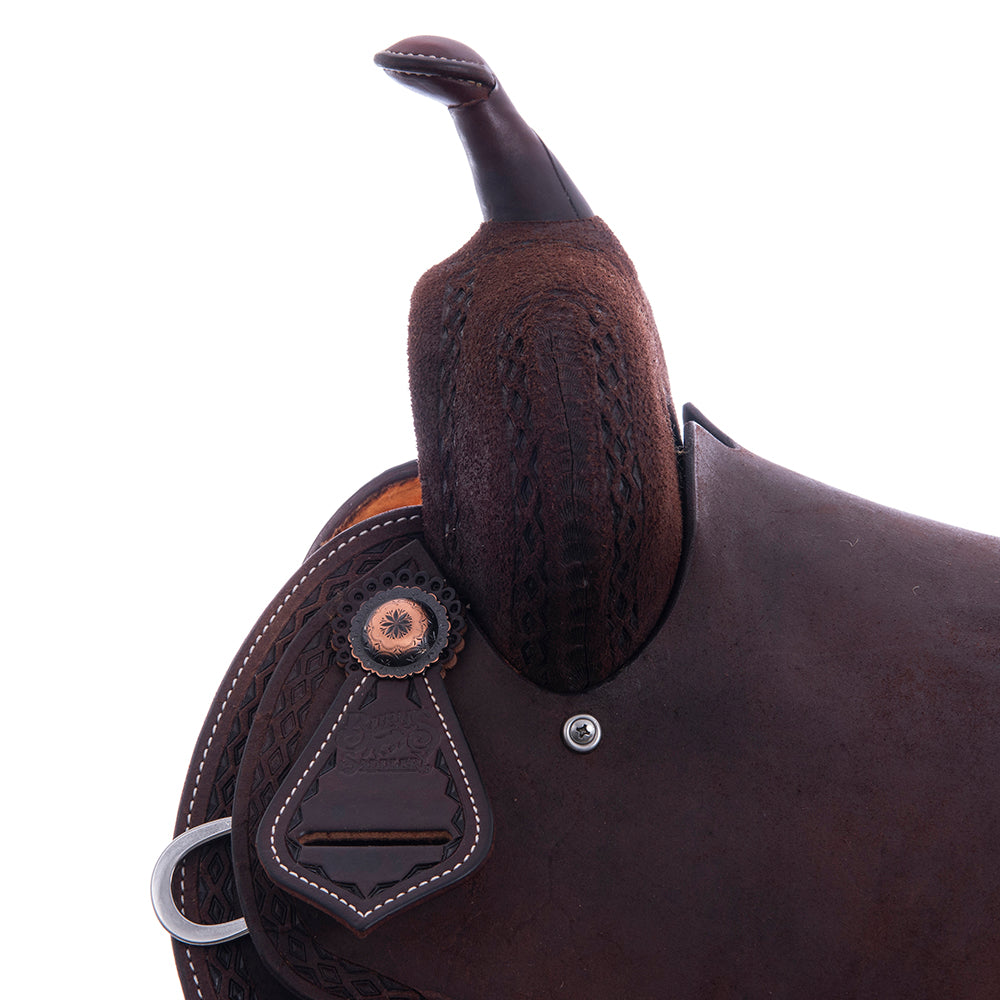 Burns Chocolate RO Barrel Saddle - Round - Diamond Half Diamond Border - Standard Binding