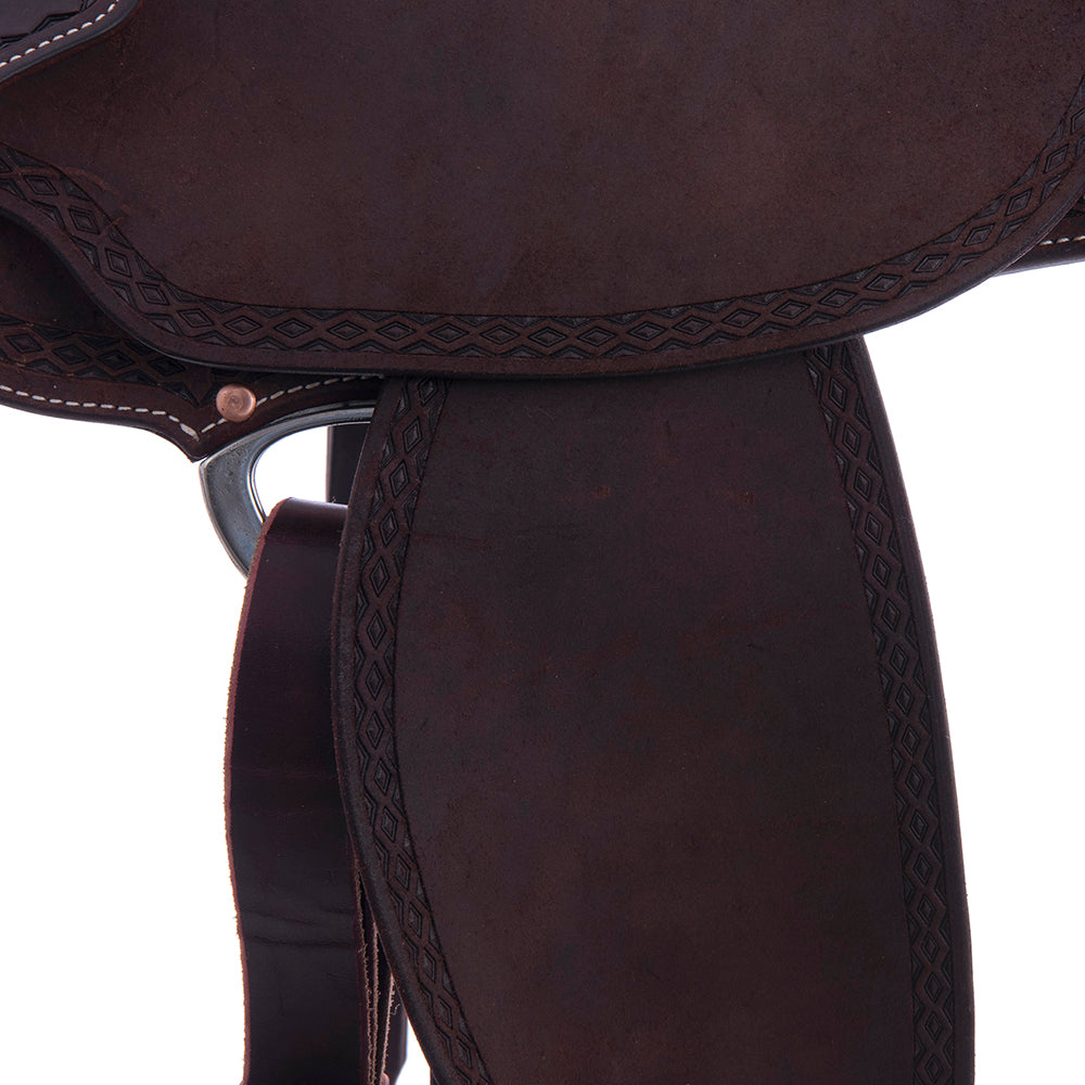 Burns Chocolate RO Barrel Saddle - Round - Diamond Half Diamond Border - Standard Binding