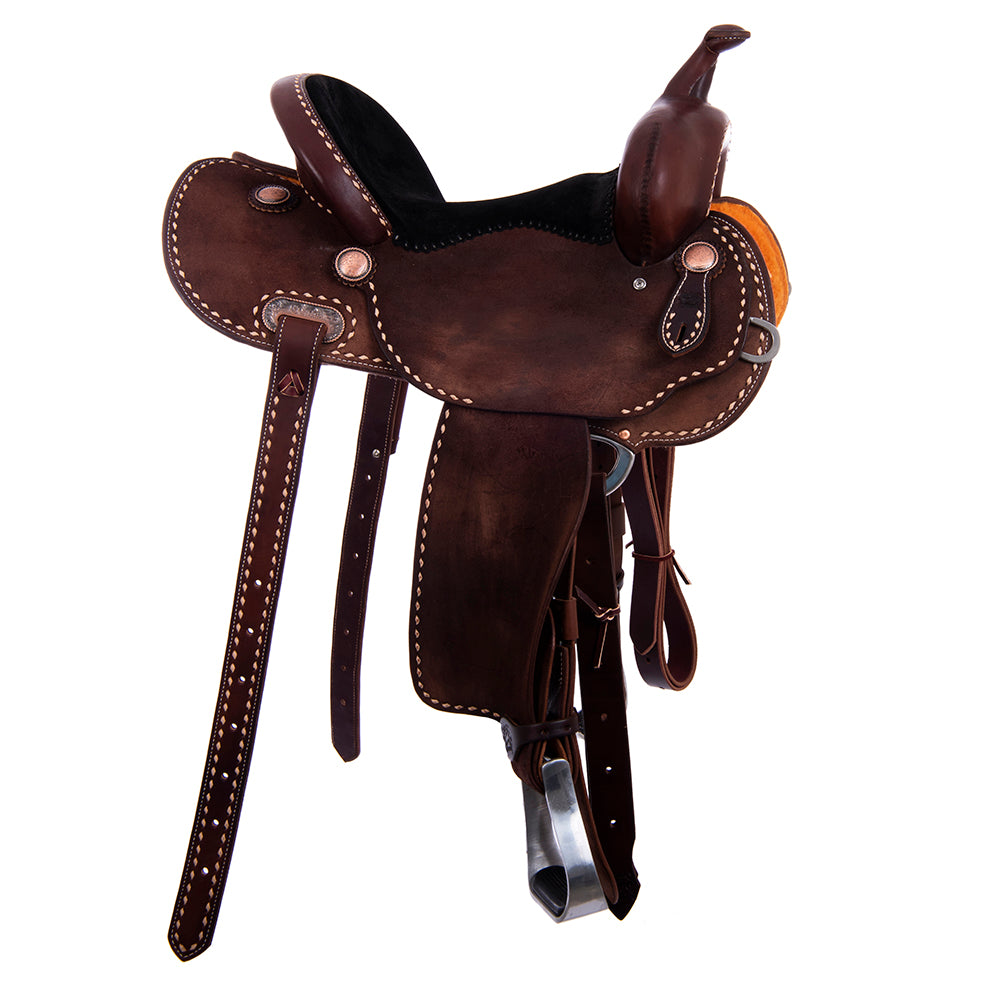 Burns Chocolate SO/RO Barrel Saddle - Round - Full Natural Buckstitch; Black Suede Hand Pop Stitch S
