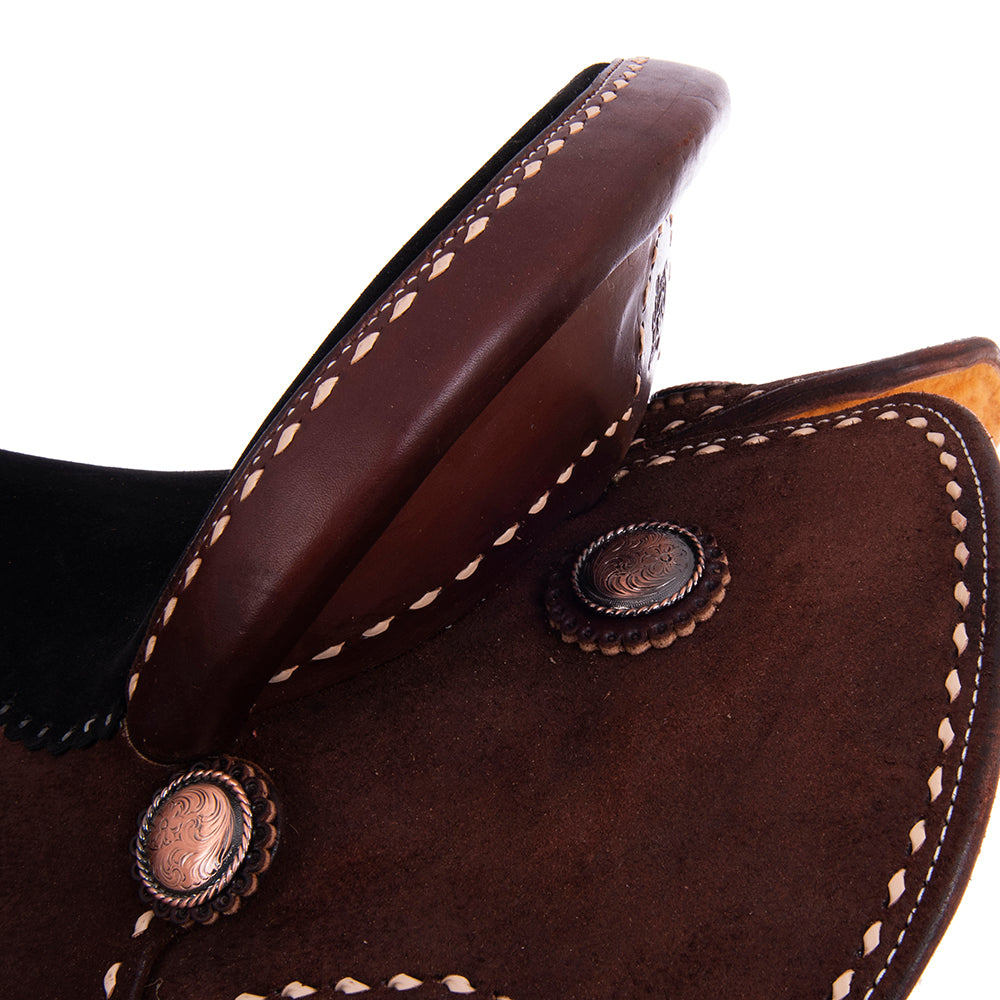 Burns Chocolate SO/RO Barrel Saddle - Round - Full Natural Buckstitch; Black Suede Hand Pop Stitch S