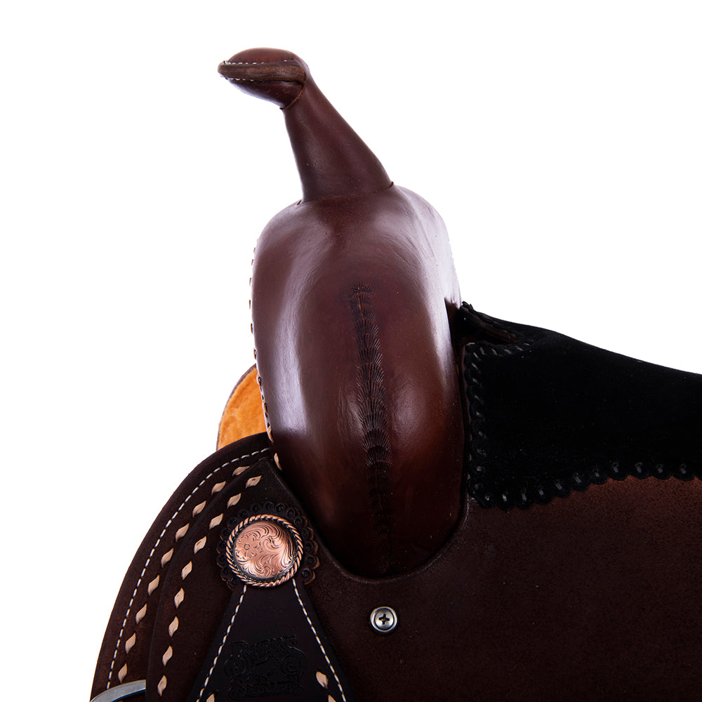 Burns Chocolate SO/RO Barrel Saddle - Round - Full Natural Buckstitch; Black Suede Hand Pop Stitch S