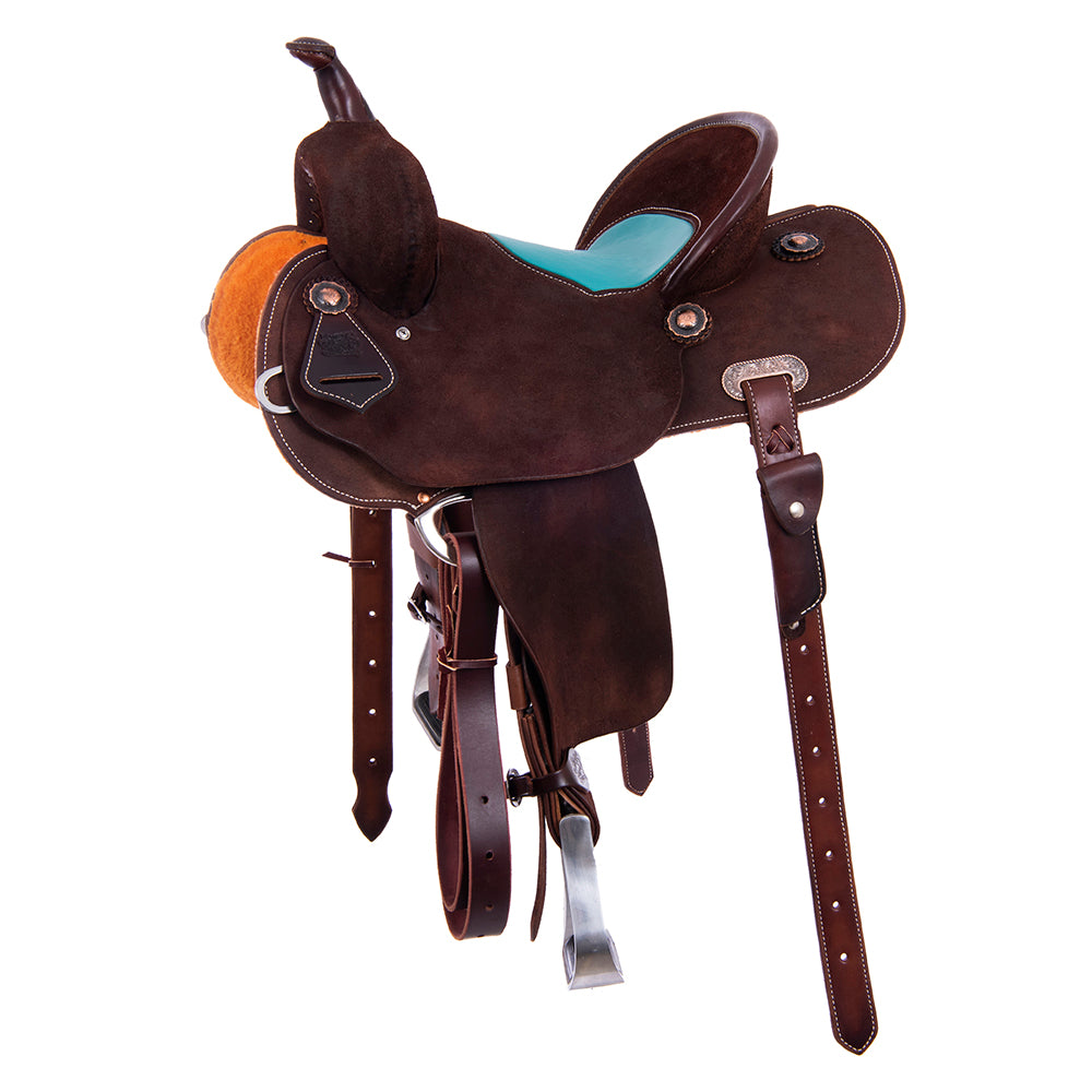 Chocolate Round-Skirt Barrel Saddle with Turquoise Inlay