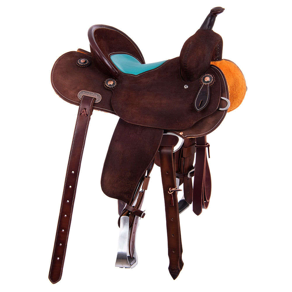 Chocolate Round-Skirt Barrel Saddle with Turquoise Inlay