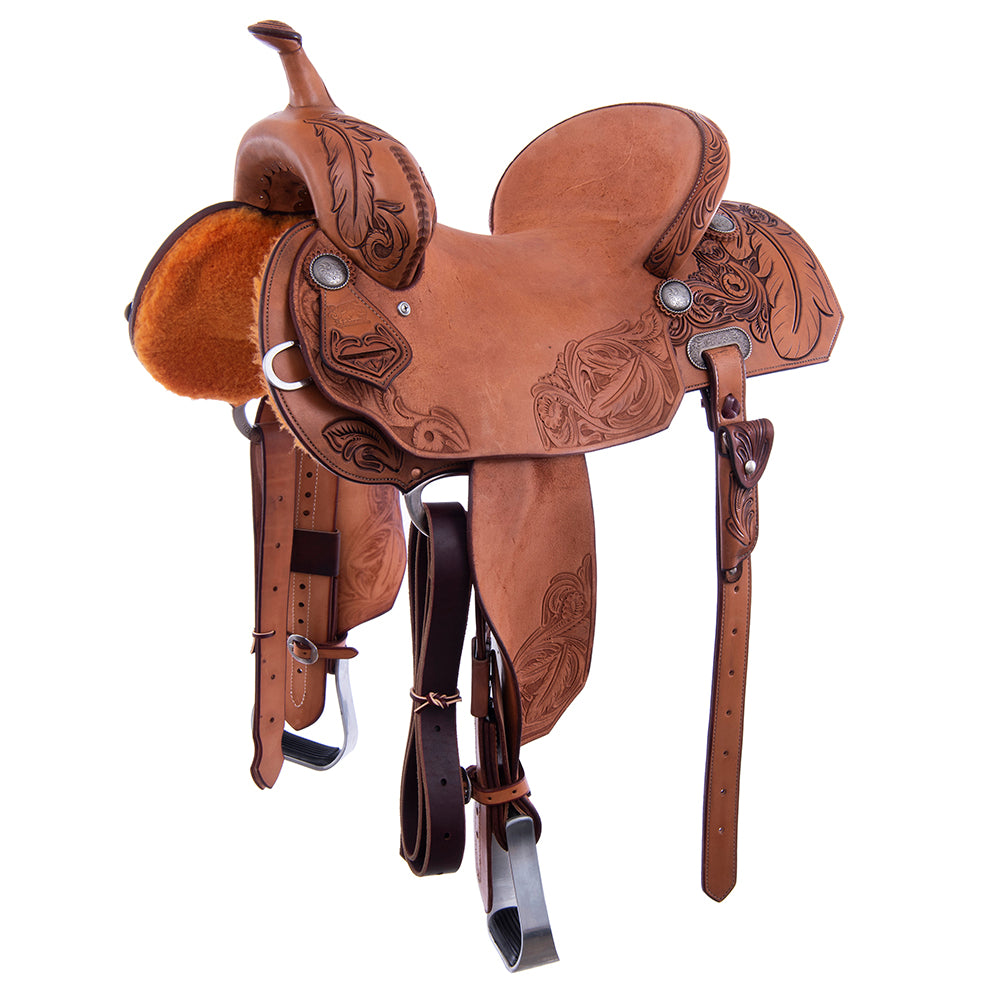 1/2 Smooth Russet, 1/2 Roughout Barrel Saddle - Notched Skirts, 3/4 Feather, Cheyenne