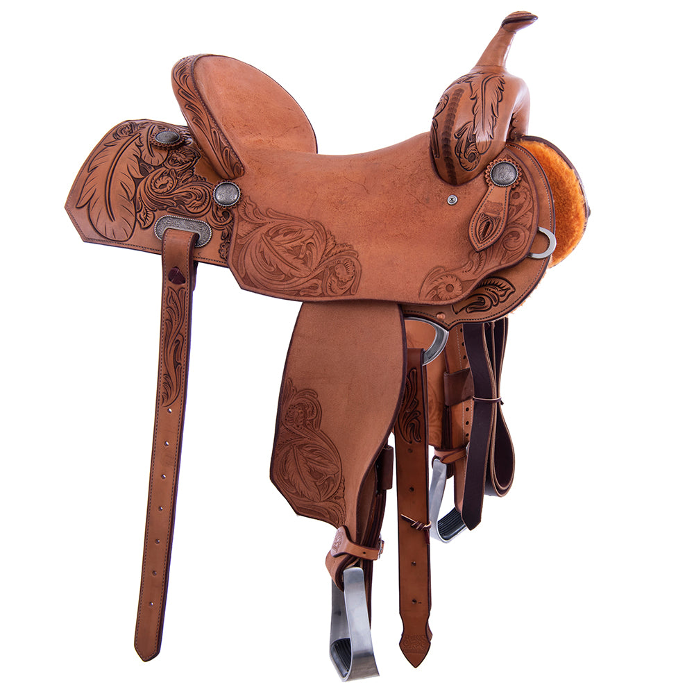 Barrel Saddle – 1/2 Smooth Russet & 1/2 Roughout, 3/4 Feather Tooling, Cheyenne Roll