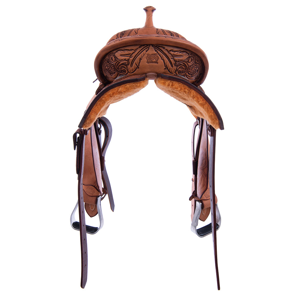1/2 Smooth Russet, 1/2 Roughout Barrel Saddle - Notched Skirts, 3/4 Feather, Cheyenne