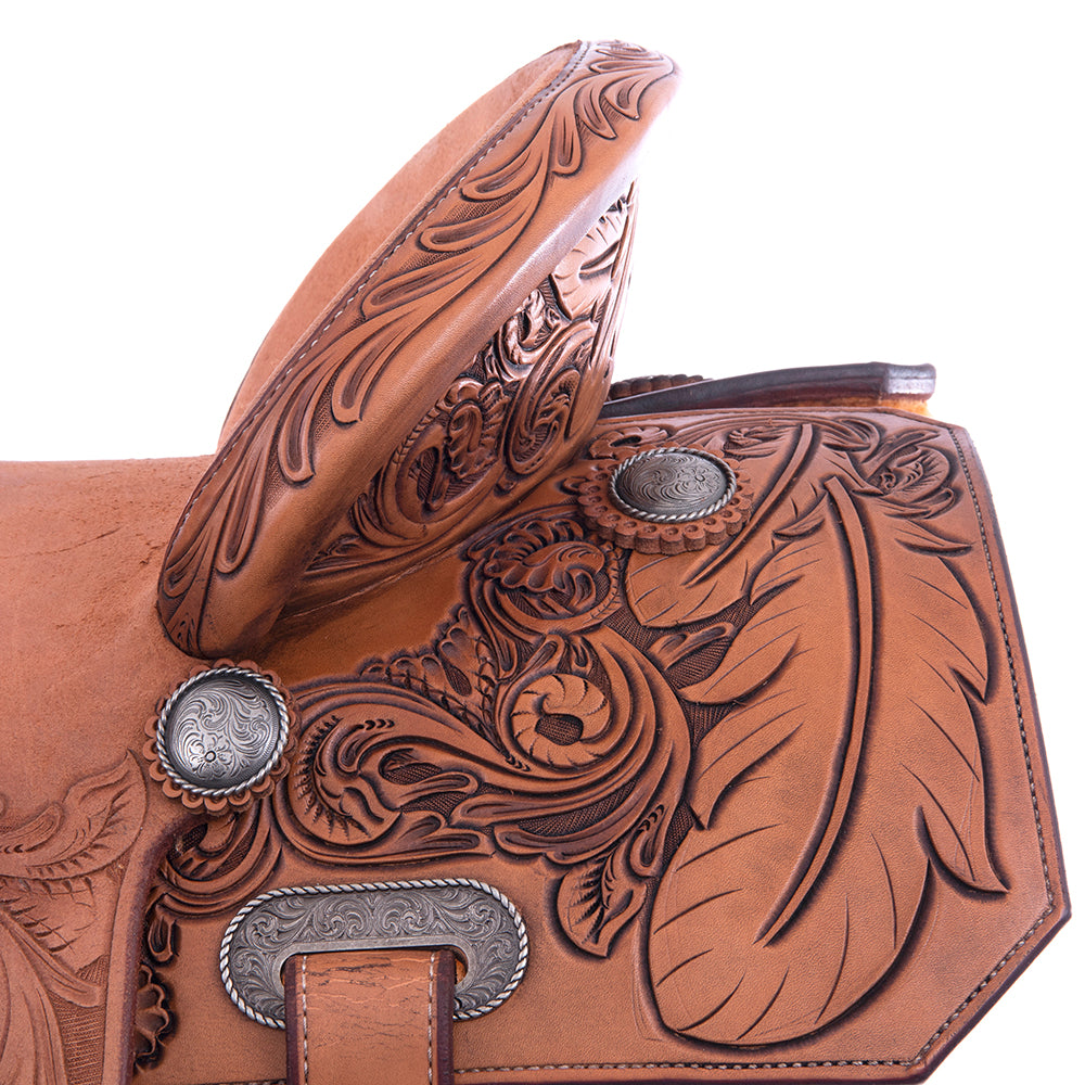 1/2 Smooth Russet, 1/2 Roughout Barrel Saddle - Notched Skirts, 3/4 Feather, Cheyenne