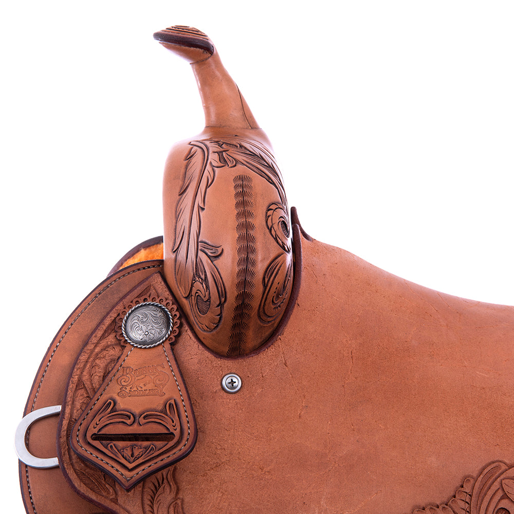 1/2 Smooth Russet, 1/2 Roughout Barrel Saddle - Notched Skirts, 3/4 Feather, Cheyenne